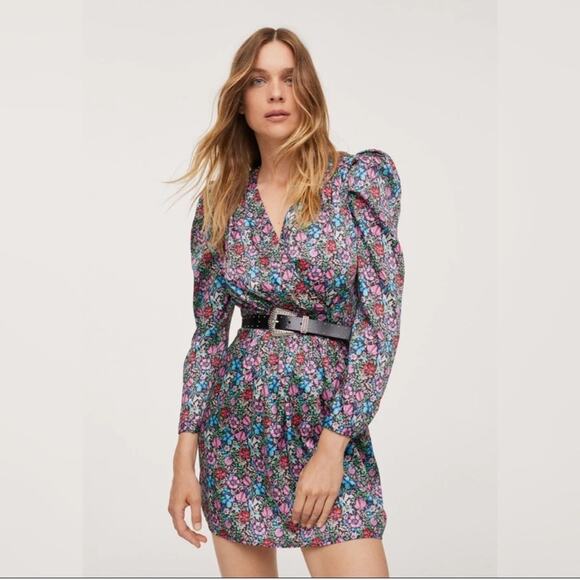 MANGO Printed Floral Dress with Balloon Sleeves Size 4 - Picture 1 of 12